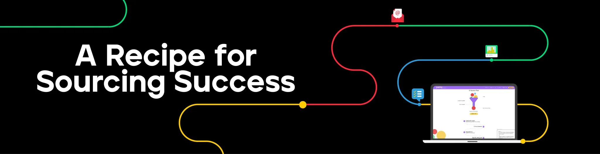 Sourcing success infographic with laptop showing procurement software interface and colorful connecting lines
