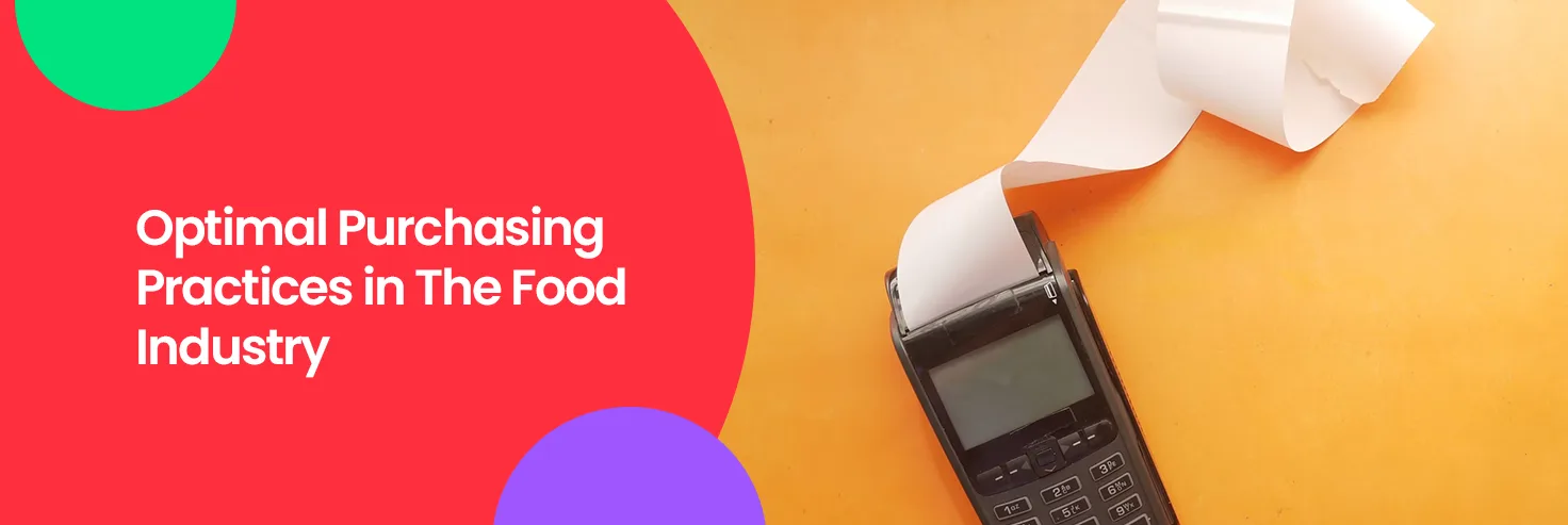 Payment terminal with receipt printing out on colorful background for "Optimal Purchasing Practices in The Food Industry" guide