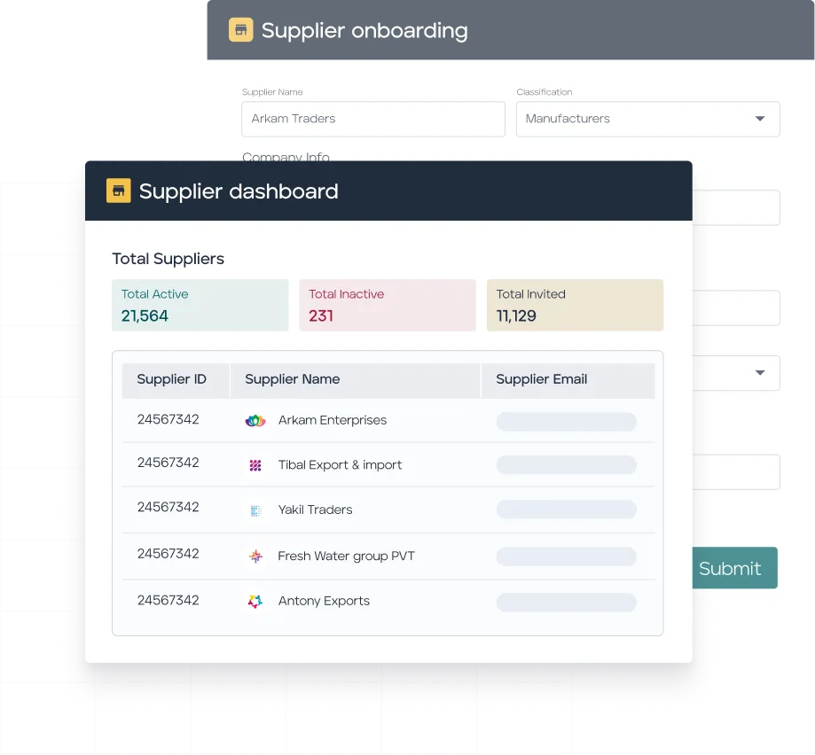 Supplier dashboard showing total suppliers breakdown: 21,564 active, 231 inactive, 11,129 invited, with supplier directory table