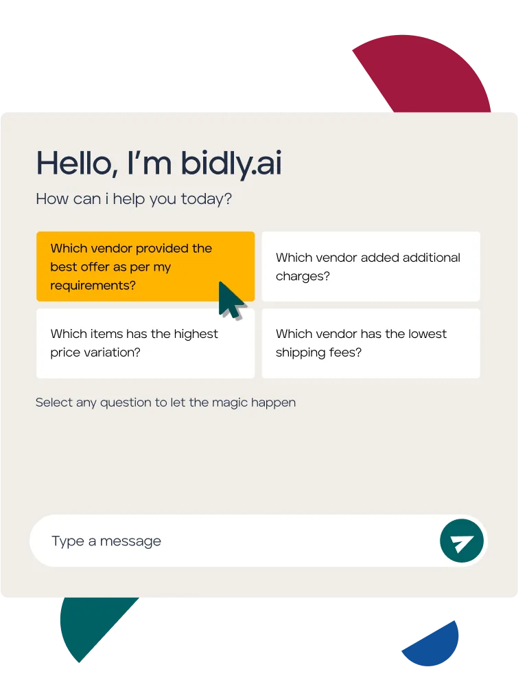 bidly.ai procurement assistant interface with vendor analysis questions and chat input