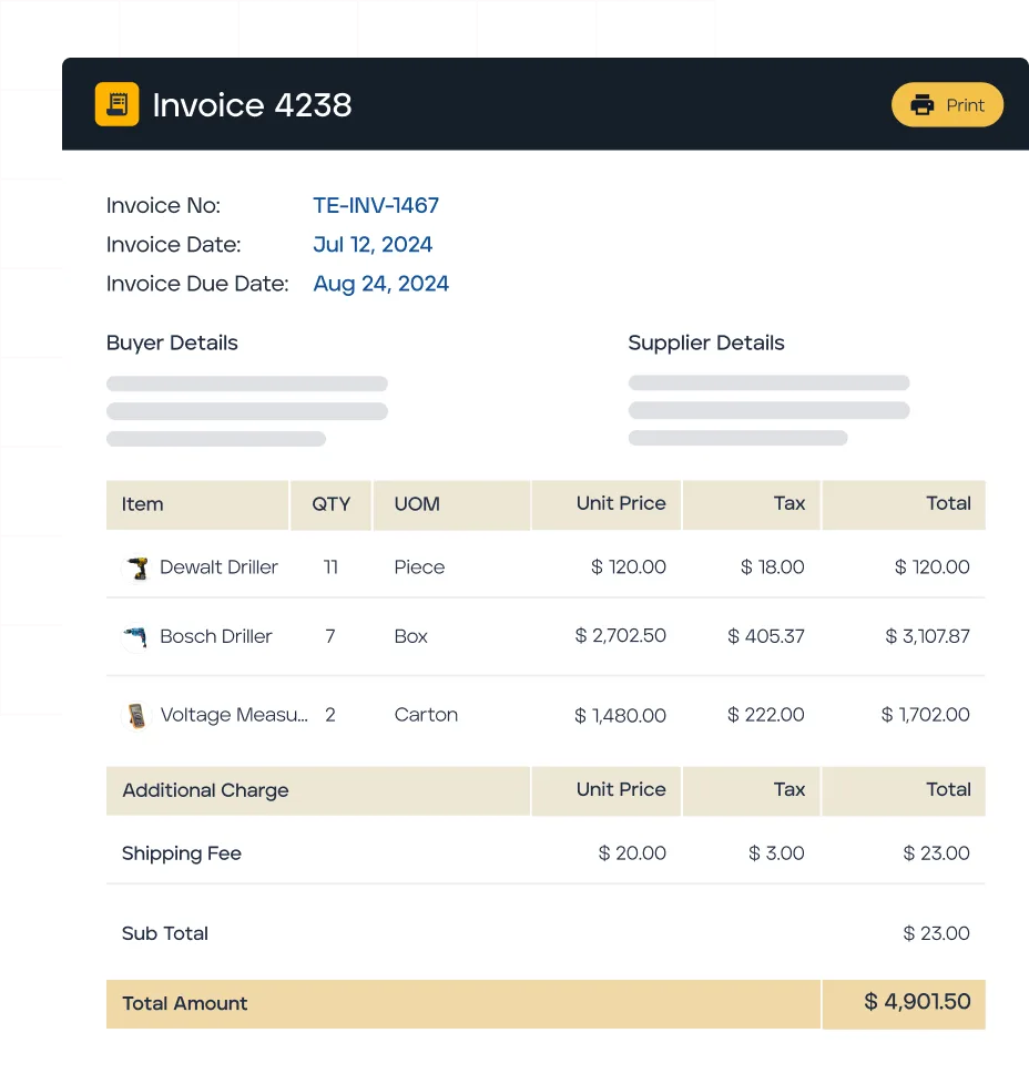 Invoice 4238 (TE-INV-1467) dated Jul 12, 2024 showing line items for tools totaling $4,901.50