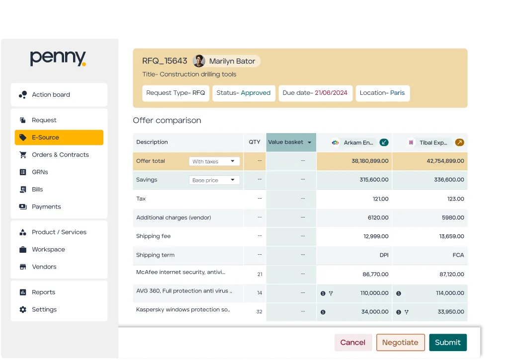 Procurement dashboard showing offer comparison for construction drilling tools request with two vendor bids and pricing breakdown
