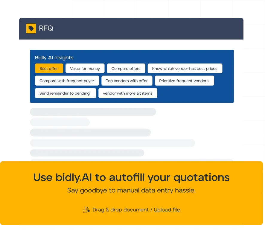 Bidly AI interface showing procurement insights and file upload area for automated quotation processing