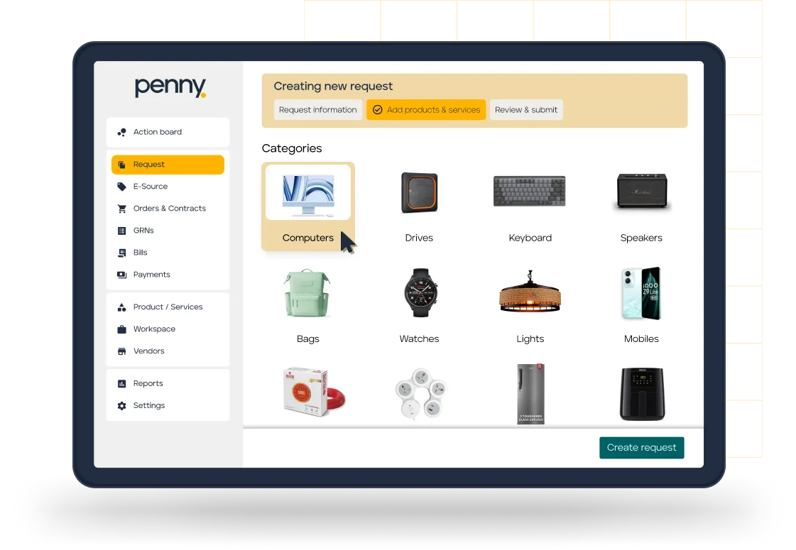 Procurement request interface showing product categories including computers, drives, keyboards, speakers, bags, watches, lights, and mobiles