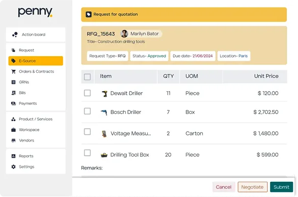 E-sourcing procurement interface showing RFQ details with vendor quotes for drilling equipment and tools