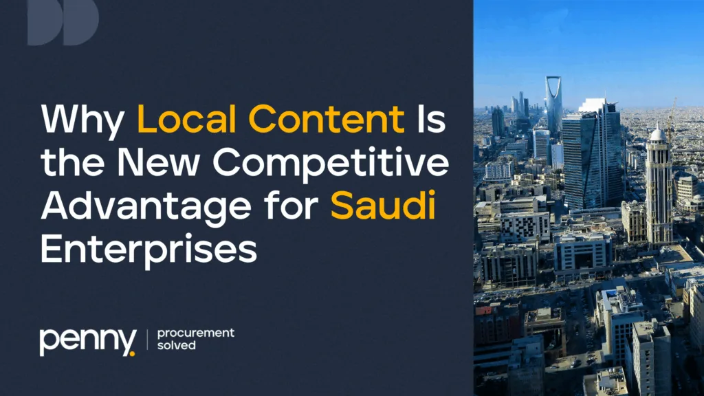 Penny procurement presentation slide about local content competitive advantage for Saudi enterprises with Riyadh skyline