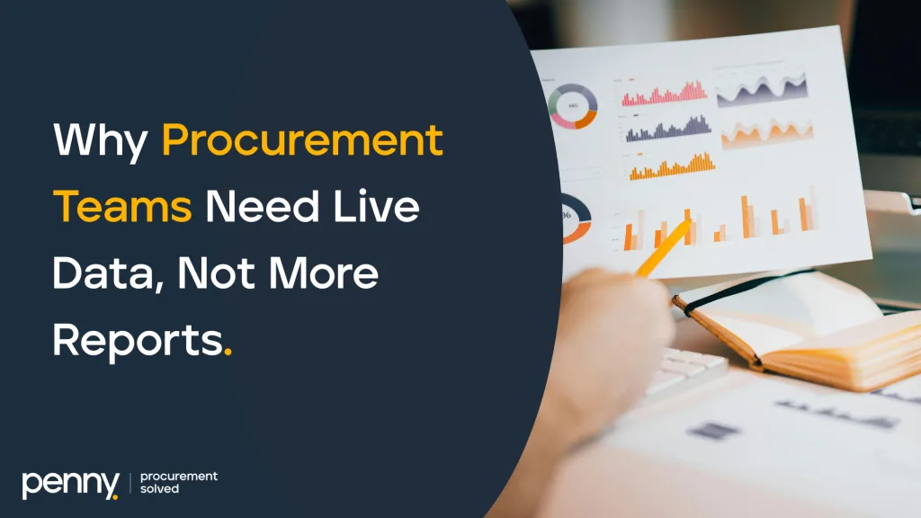 Marketing banner for procurement data solutions showing analytics dashboard and text about live data vs reports