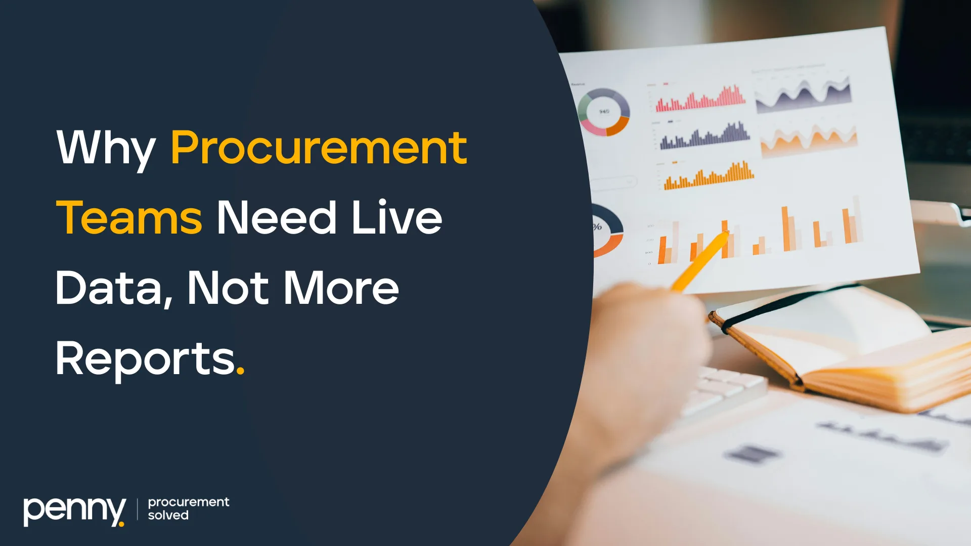 Marketing banner for procurement data solutions showing analytics dashboard and text about live data vs reports