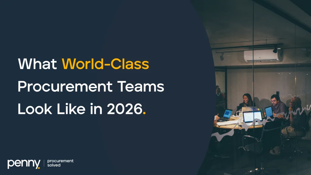 Penny procurement platform promotional image with text "What World-Class Procurement Teams Look Like in 2026" and team meeting photo