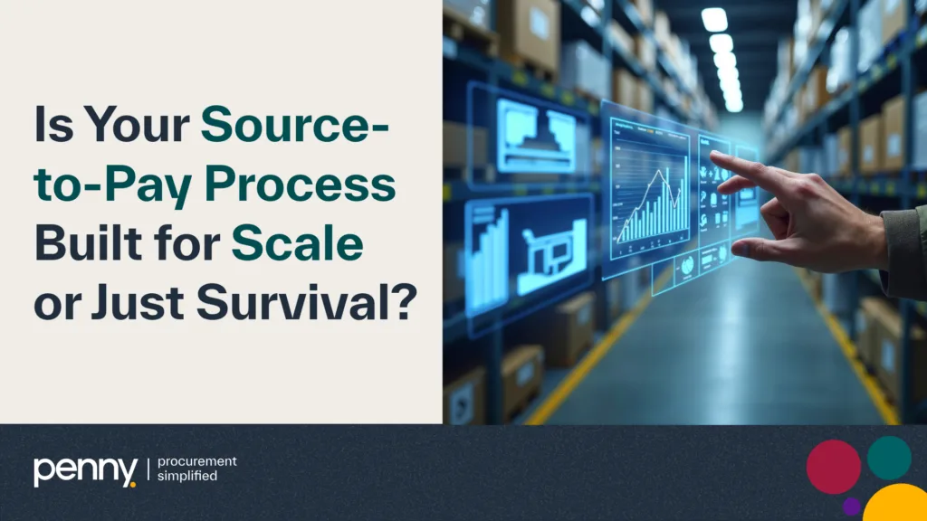 Procurement professional interacting with digital analytics dashboards in warehouse, asking "Is Your Source-to-Pay Process Built for Scale or Just Survival?"