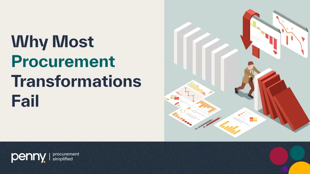 Procurement transformation failure infographic showing businessman pushing falling dominoes with analytics charts and reports