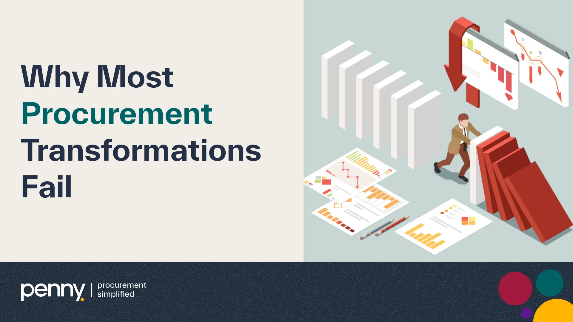 Procurement transformation failure infographic showing businessman pushing falling dominoes with analytics charts and reports