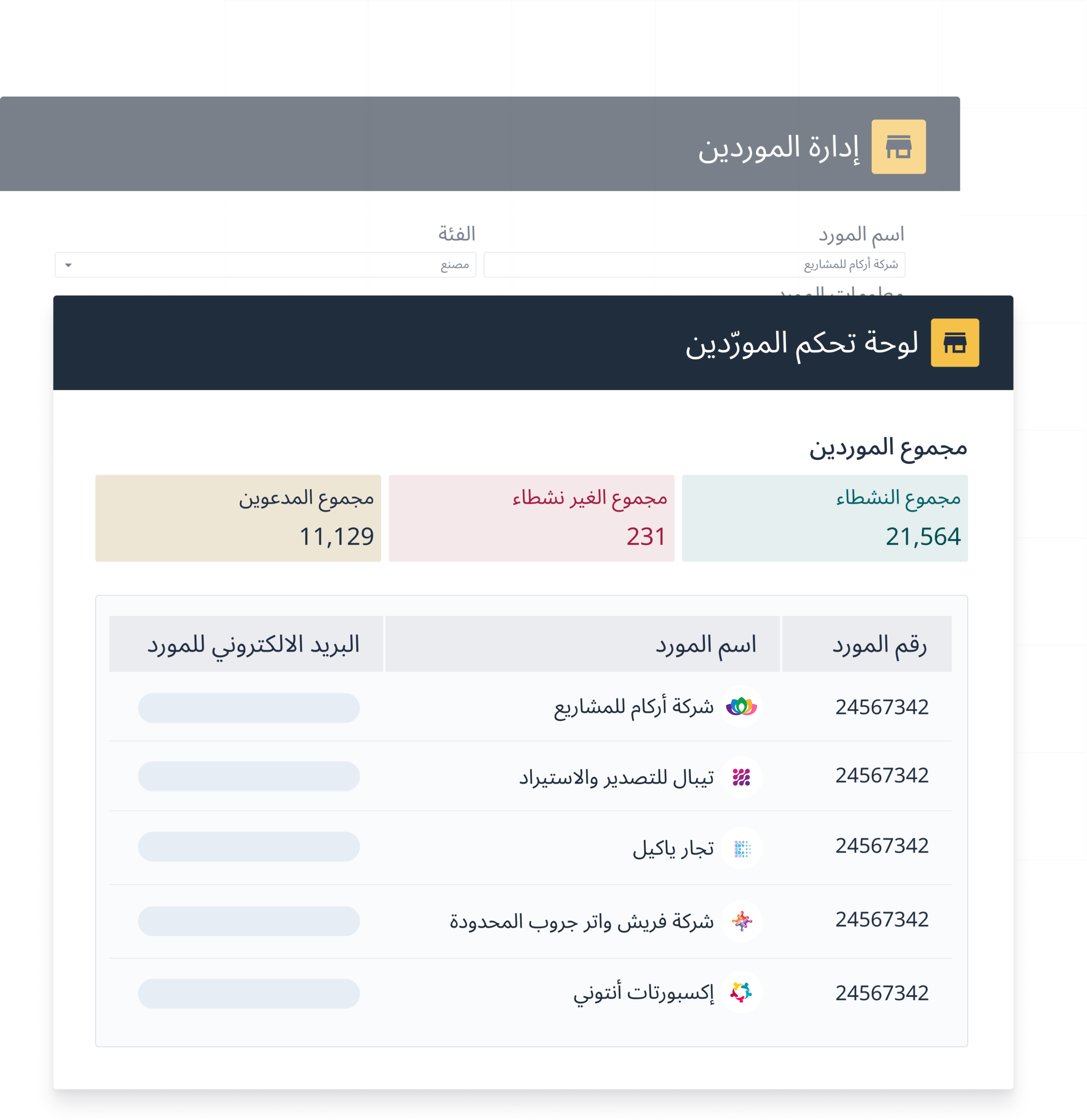 Supplier onboarding dashboard showing total suppliers breakdown and list of supplier names with IDs