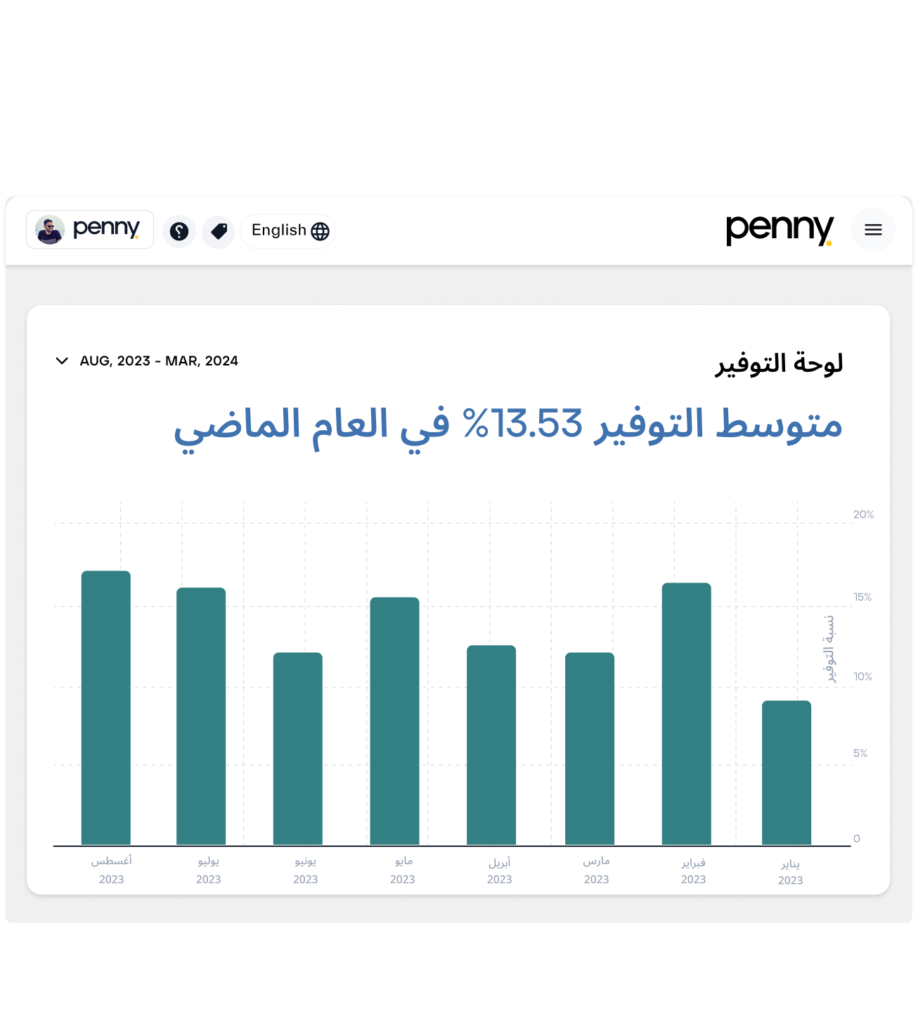 Savings dashboard showing monthly savings percentages in bar chart format with 13.53% average last year
